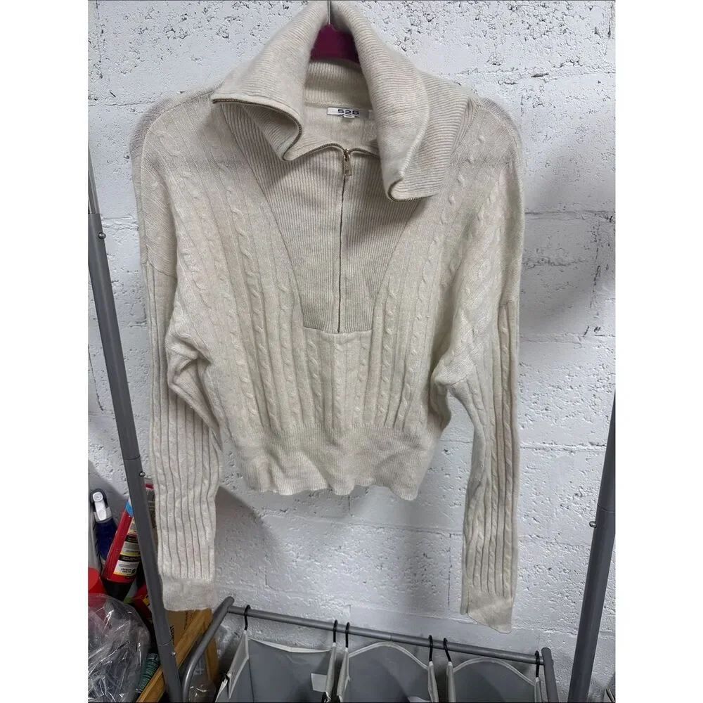 Zip-Front Cable Knit Sweater - Cream 100% Cashmere Size Medium NWOT